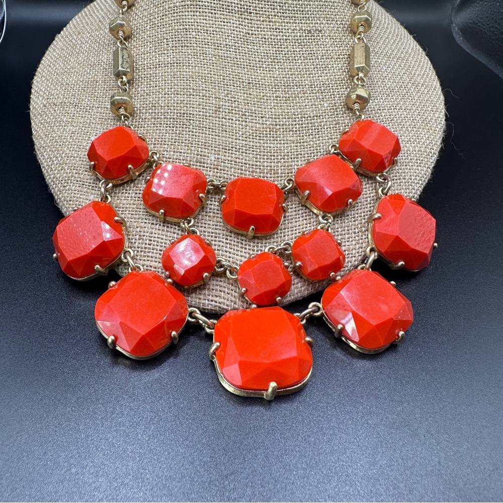 Stella & Dot Candy Jewels Statement Faceted Bib Necklace Bright Orange Gold Tone